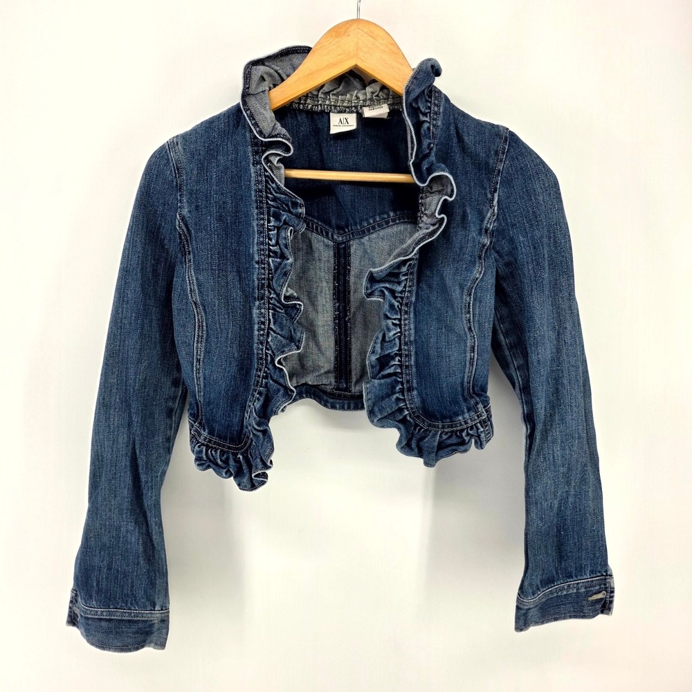 Armani Exchange Denim Jacket Womens XS Blue Ruffle Cropped Bolero Shrug Y2K Boho